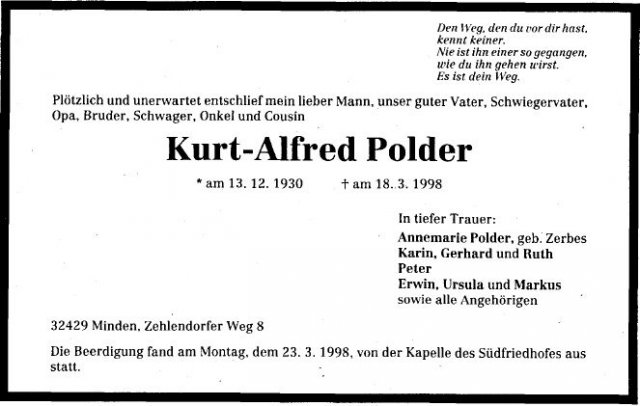 Polder Kurtl 1930-1998 Todesanzeige